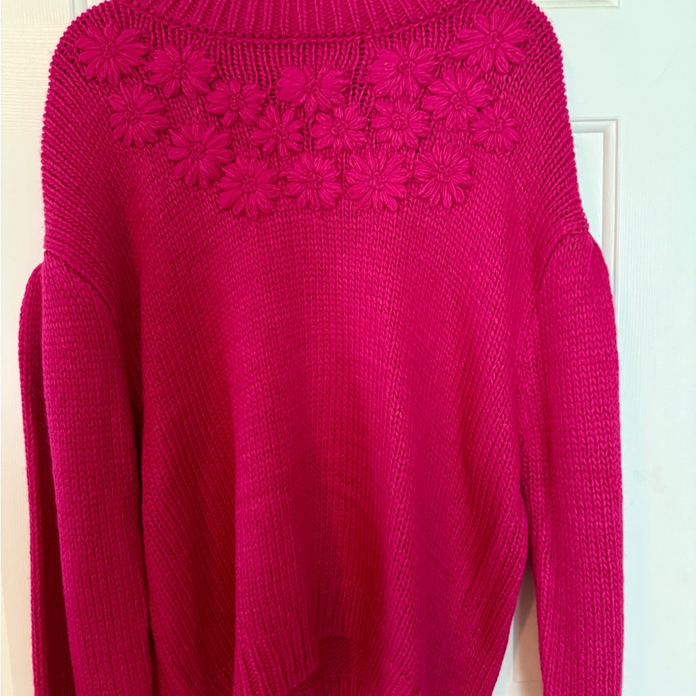 Crown & Ivy Pink Floral Embroidered Sweater Size L NWT